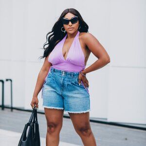 Womens Cropped Deep V Halter Top Open Back Tie Waist Fuscia Purple